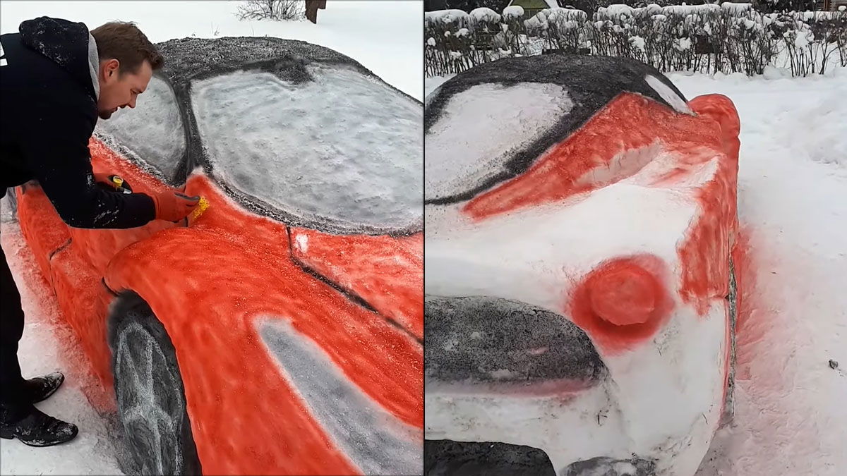 Koppel maakt sneeuw-Ferrari “met milieuvriendelijke verf”