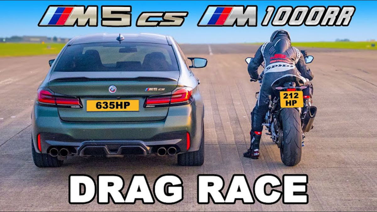 Dragrace BMW M5 CS vs BMW M 1000 RR: wie wint?
